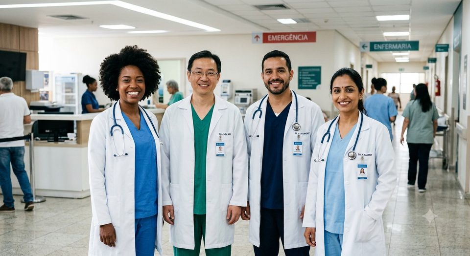 Equipe diversa de médicos da rede Nexor, sorridentes em corredor de hospital
