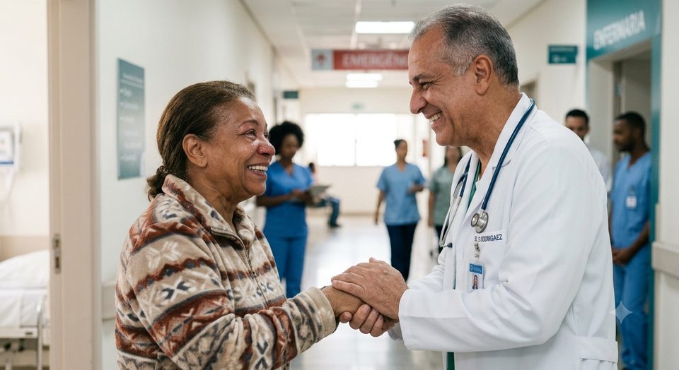 Médico cumprimentando com carinho uma paciente em corredor de hospital